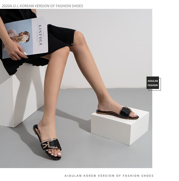 Cfxxy Cross Border Stone Pattern Flat Women S Sandales Pantoufles Mode Strass Boucle De Ceinture_voghion.com