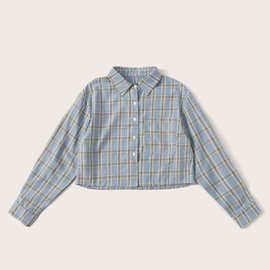 8206#2 跨境外贸学院风翻领排扣格子长袖棉女士衬衫