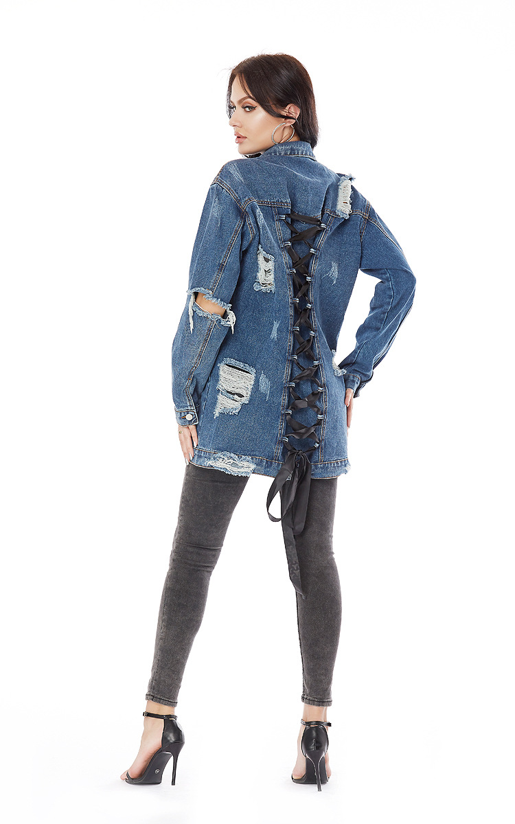 loose ripped long denim jacket   NSSY9498