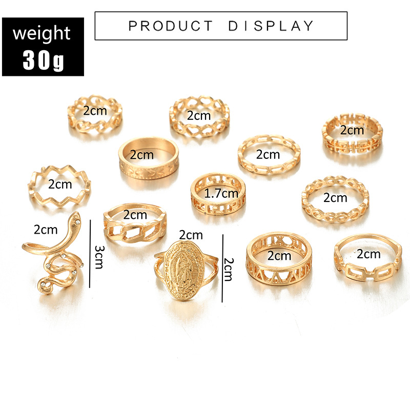 New Fashion Alloy Exaggerated Carved Buddha Statue With Diamond Serpentine Ring Set Of 13 display picture 1