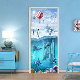 创意3D门贴翻新自粘贴纸装饰卧室客厅墙贴门贴冰山企鹅海跨境货源