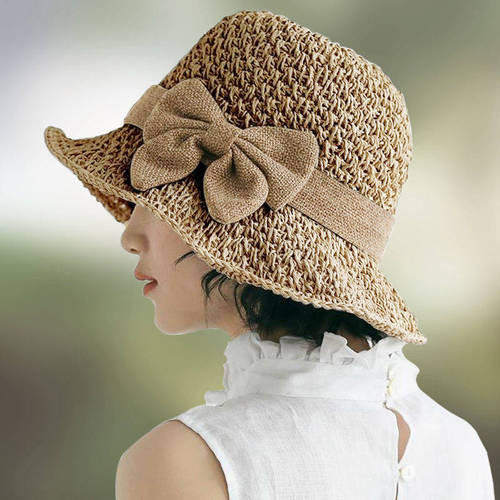 Hat female sun hat grass hat small edge fisherman hat bow Japanese versatile sun hat