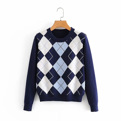 Diamond grid turtleneck sweater women's Instagram style casual blogger loose knit top versatile top