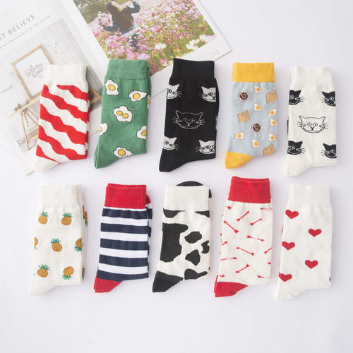 Autumn and winter new women's socks striped mid-calf milk couple versatile personality male cat cartoon fruit strawberry trendy socks