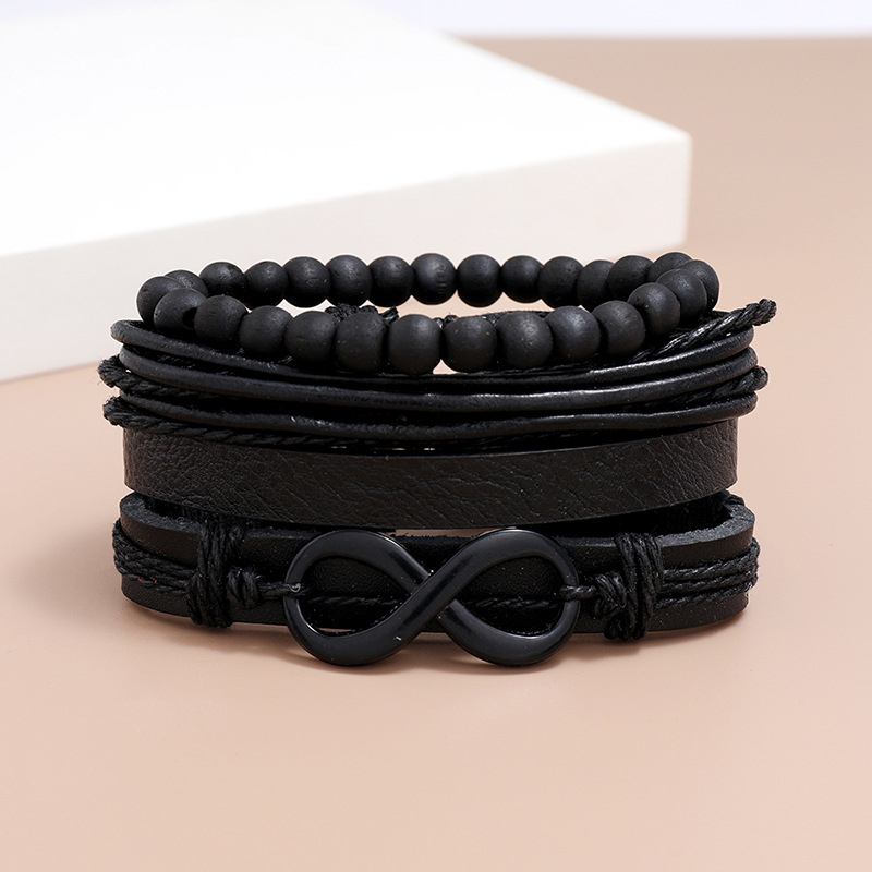 Fashion multi-layer woven retro cowhide simple black 8 word leather bracelet