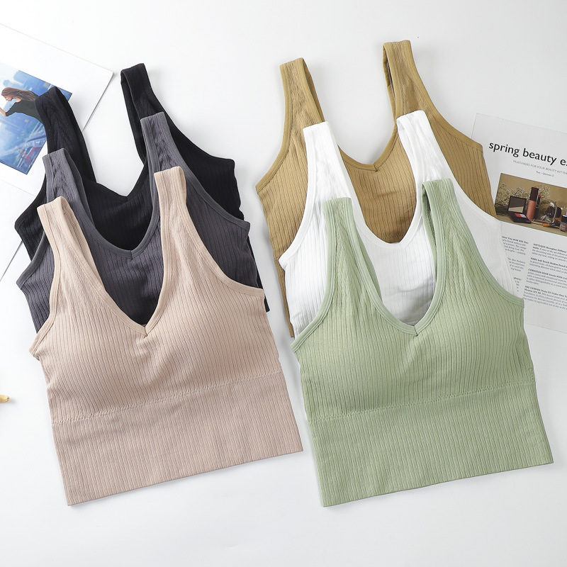 2020 Explosive Solid Color Pit V-neck Sports Seamless Vest with Chest Pad Wrapped Chest Underwear Long Vest for Women