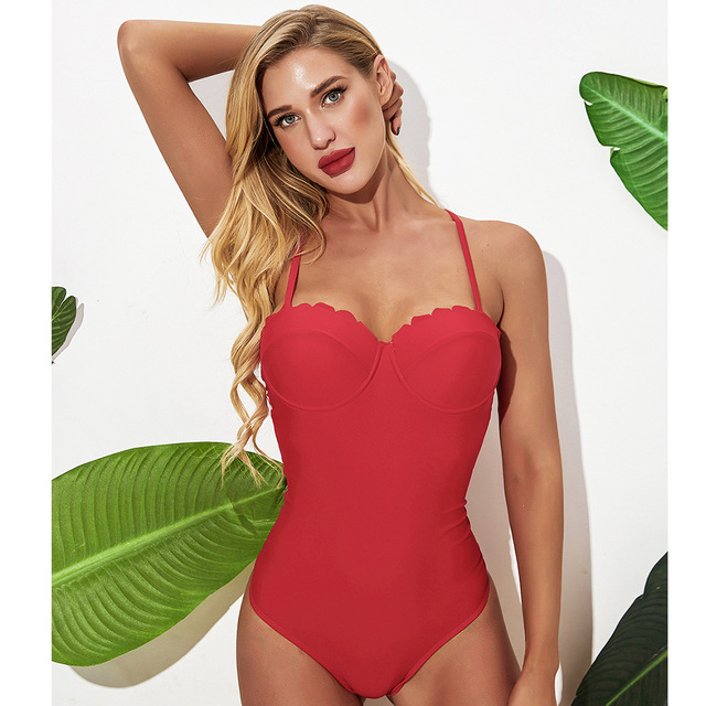 2020 new European and American swimsuit women’s one-piece solid color steel tobikini