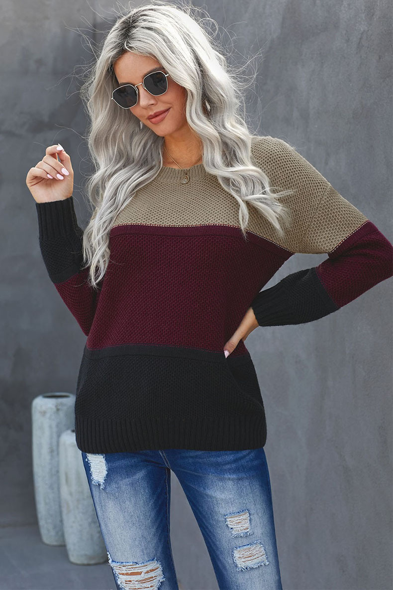 long-sleeved round neck stitching color knitted sweater nihaostyles wholesale clothing NSQSY86992