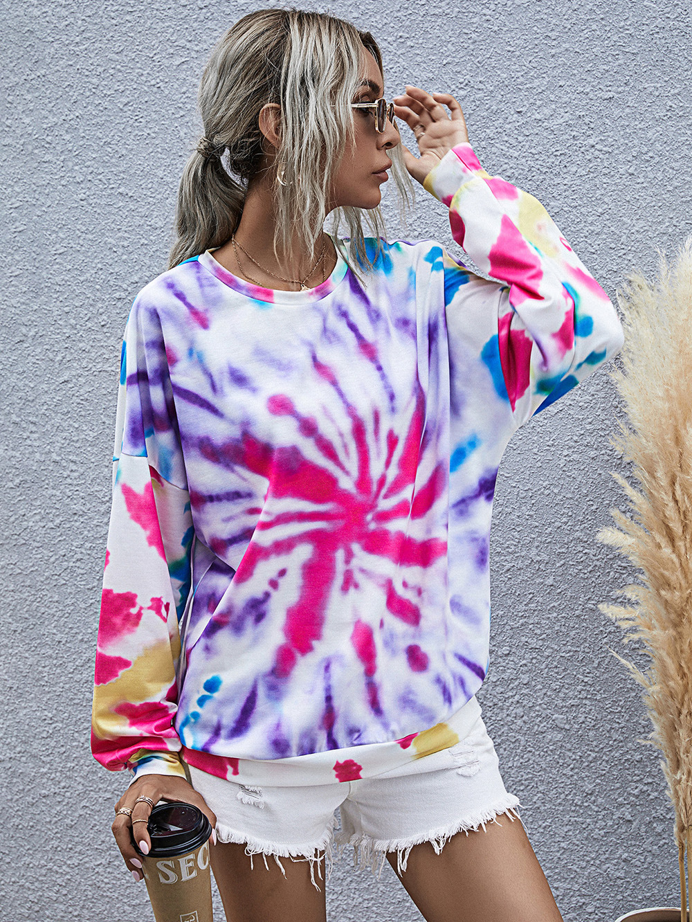 new fall/winter women s digital printing round neck knitted long-sleeved tie-dye sweater  NSDF911