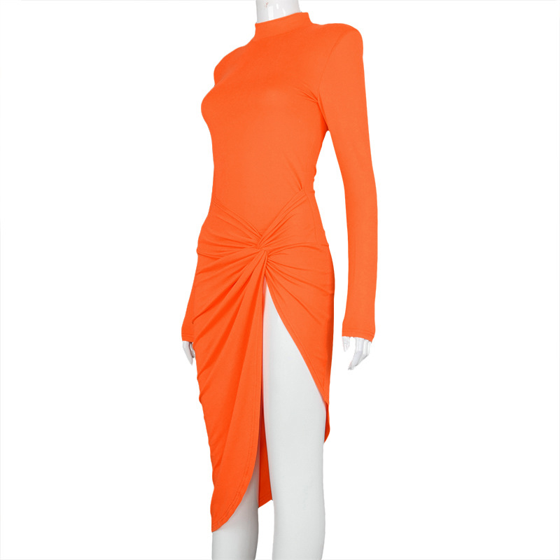 High Slit Skinny Solid O-Neck Pleating Midi Dress