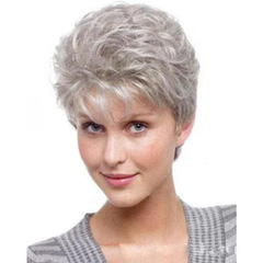 Hair extension for women, silver grey short curly wig, European and American wig, single piece hair extension