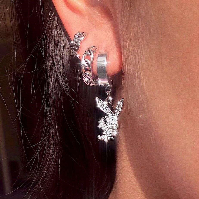 Street Occasion 1 Pair Hip-hop Rabbit Stainless Steel Inlay Rhinestones Drop Earrings