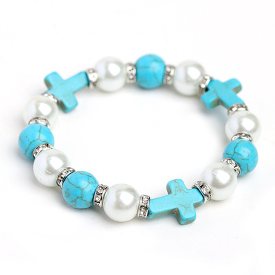 2pcs Christ cross praying bracelets for women turquoise Sparkling Diamond Pearl Single Circle Bracelet hand chain