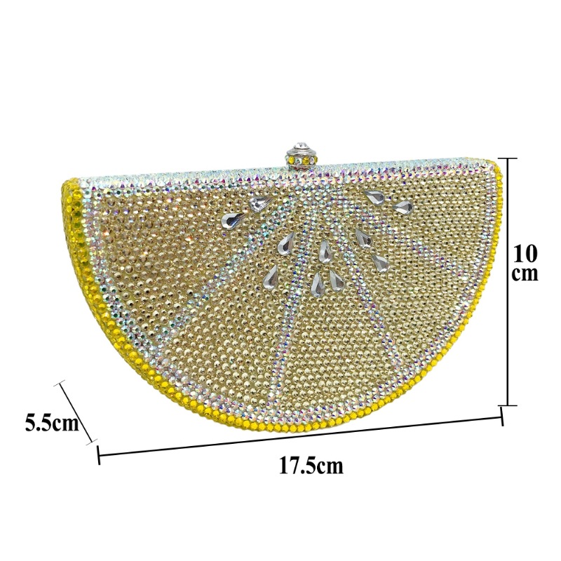 Túi clutch nữ đính đá hình quả chanh, hộp cứng kim cương đáy phẳng, kèm dây xích 48 cm — Màu vàng chi tiết 1