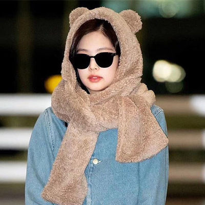 小熊帽子女秋冬季百搭韩版可爱毛绒连帽 围巾一体帽 三件套批发