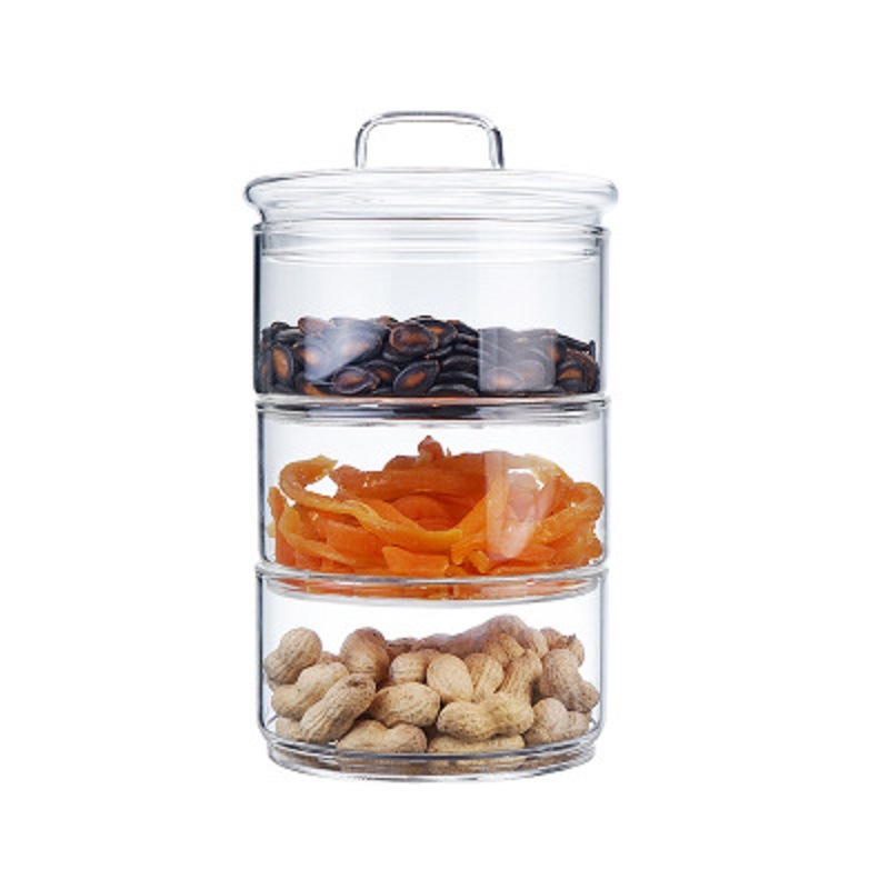 Fábrica al por mayor de bambú cubierta de vidrio ensaladera borosilicato vidrio resistente al calor Sellado tarro de alimentos de grano