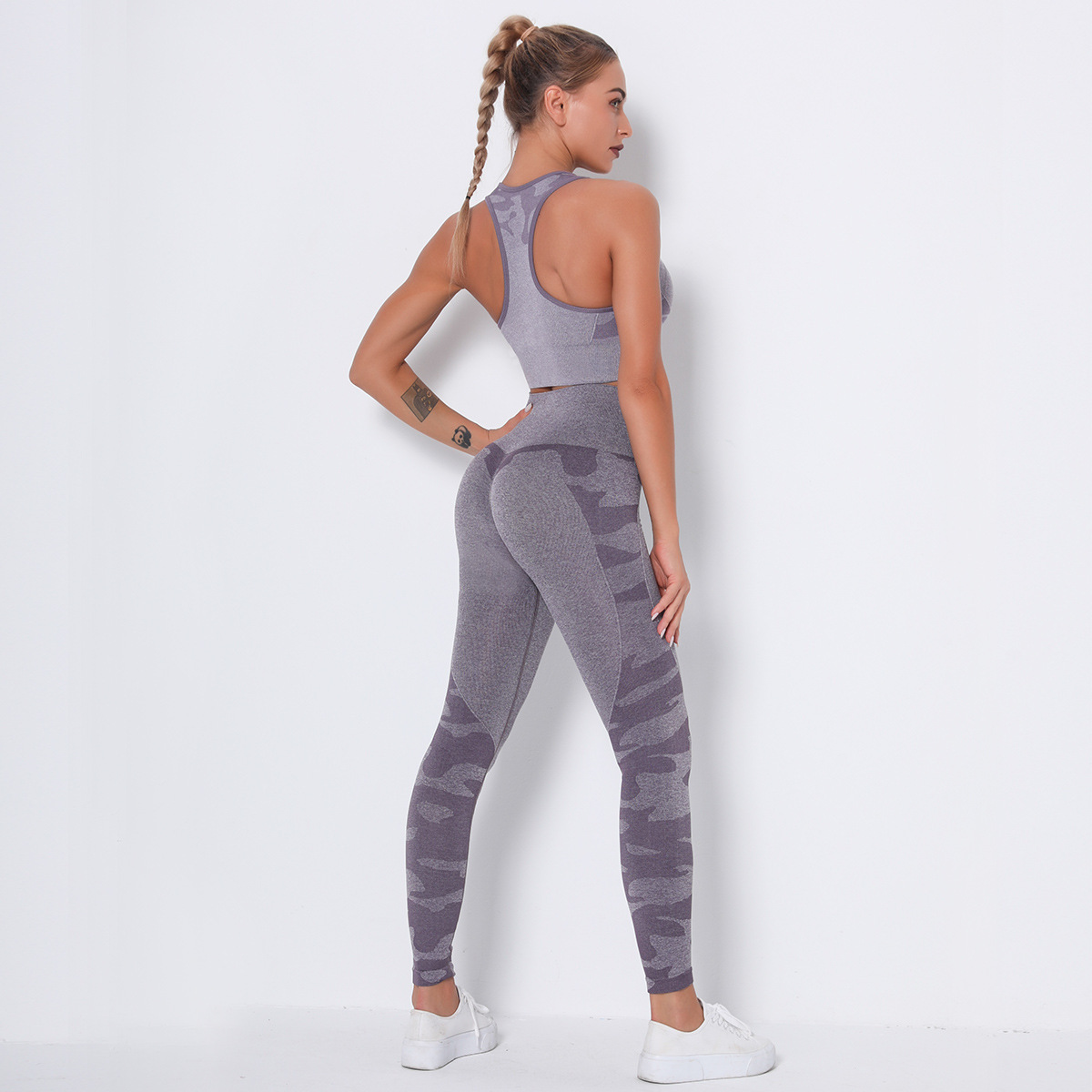 conjunto de yoga de gran elasticidad con camuflaje de punto sin costuras NSLX9027