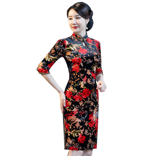 Cheongsam long sleeve single layer rotten velvet cheongsam dress