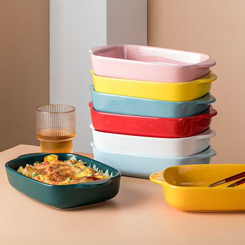 Macaron color ceramic double-eared microwave oven baking pan, cheese baked rice plate, home restaurant fruit plate, steak pasta plate