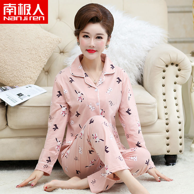 100% pijamas de algodón para madres de mediana edad y ancianos Primavera y otoño cardigan de manga larga casual más tamaño traje de desgaste para el hogar