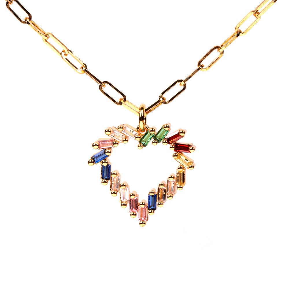 new fashion simple style  thick chain necklace color zircon hollow heart love pendant hip-hop stainl
