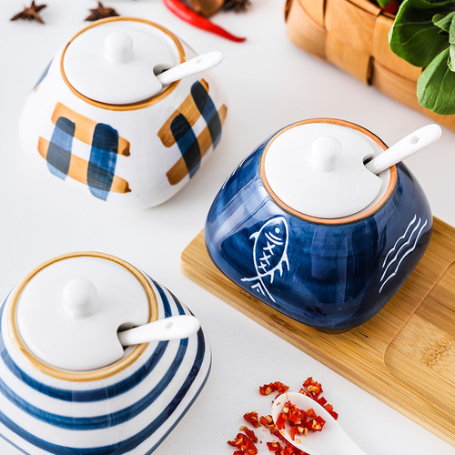 Creative hand-painted underglaze porcelain seasoning jar set kitchen spice jar salt jar restaurant household seasoning box