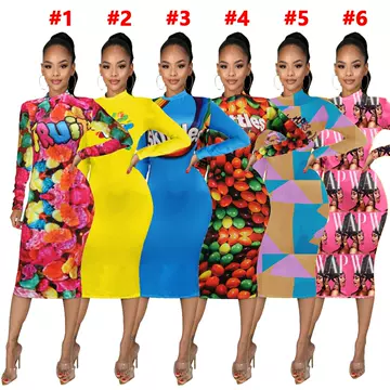 Women'S Casual Fashion Women'S Tight Pattern Printed Long Sleeve Dress - ShopShipShake