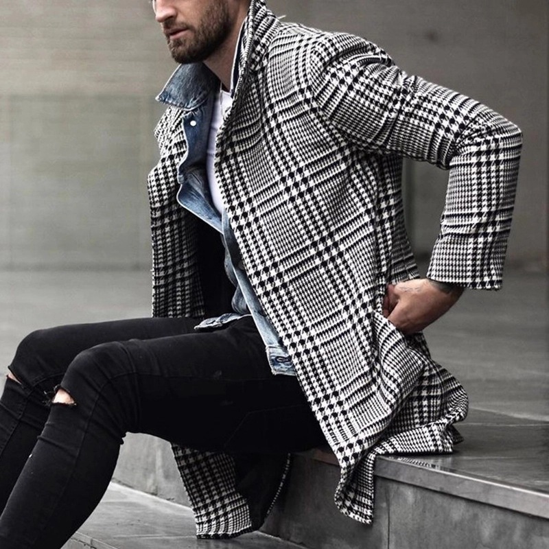 Men's Fashion Plaid Lapel Coat Mid-length Coat