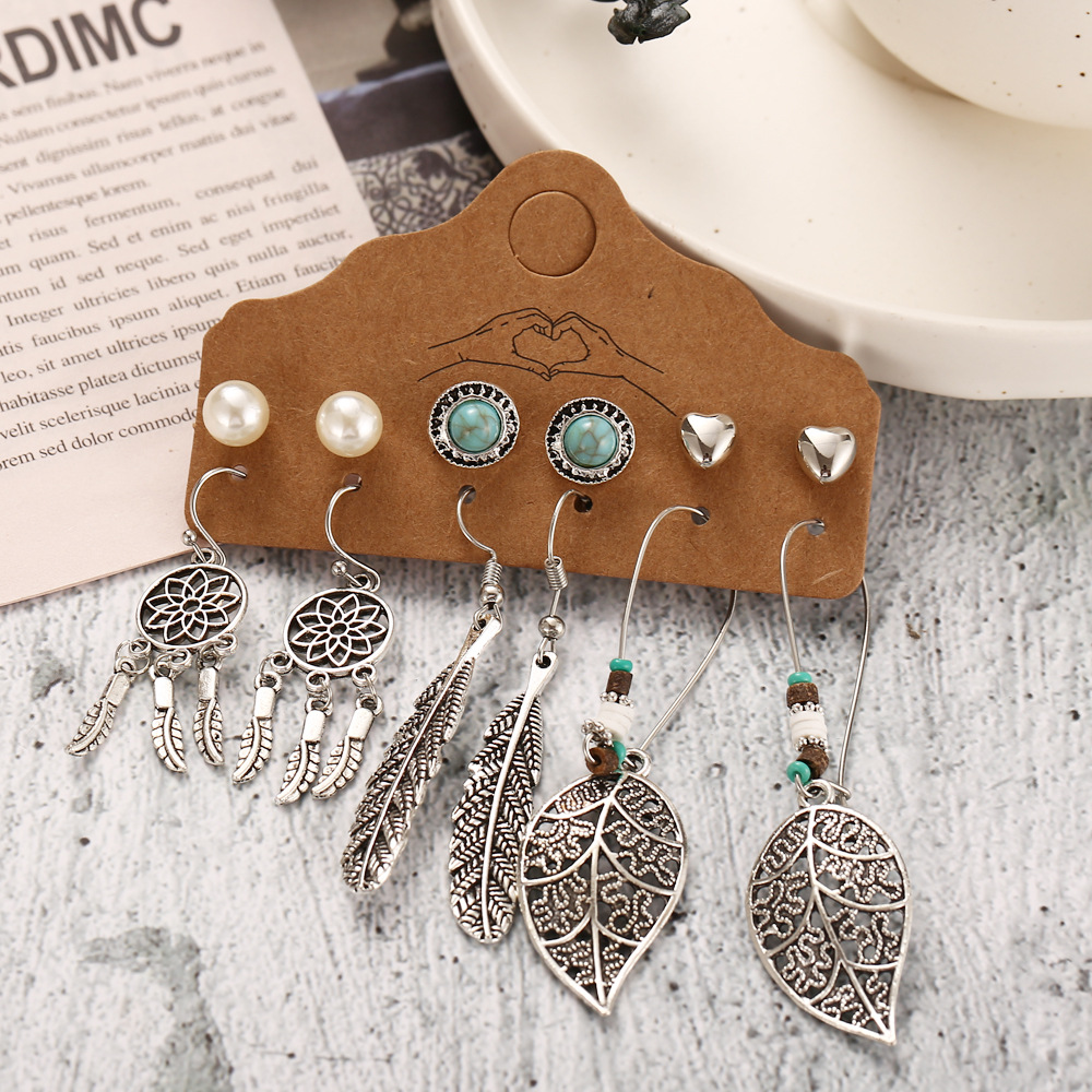 Love Hollow Semicircle Earrings 6 Pairs Set Creative Leaf Feather Retro Earrings wholesale nihaojewelrypicture7