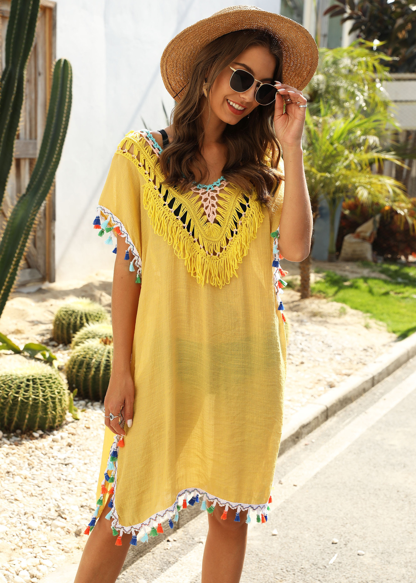 irregular stitching colorful tassels sexy backless V-neck beach sunscreen blouse NSOY26787