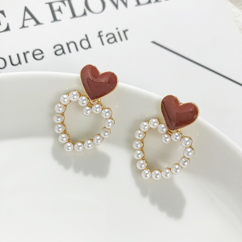 S925 Silver Needle Korean Hollow Love Pearl Sweet Drop Nectarine Heart Stud Earrings Wholesale display picture 4