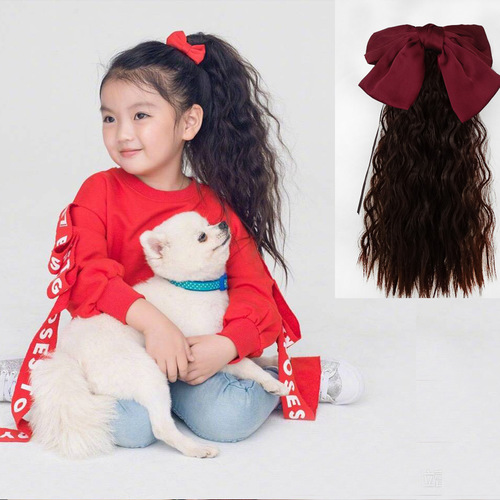 Child's Ponytail False Hair for Girls, Medium-Long Wavy Hair with Bow, False Hair with Ponytail Net, Celebrity Style Band Ponytail with Corn Waves