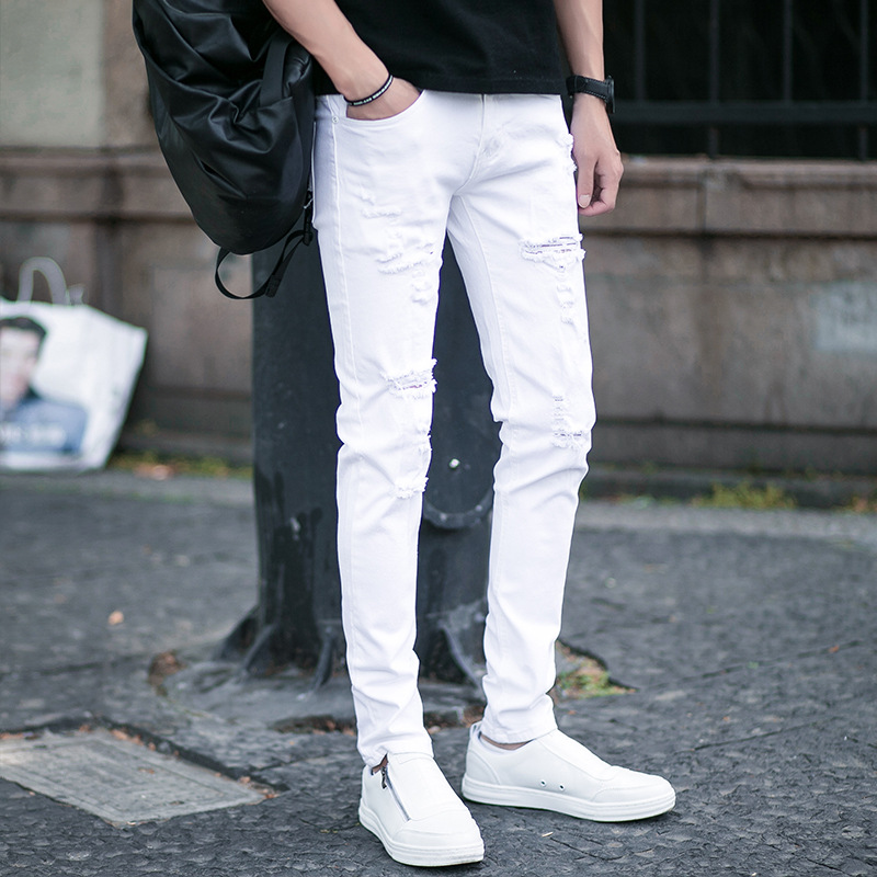 Summer trend white jeans men's holes Kor...