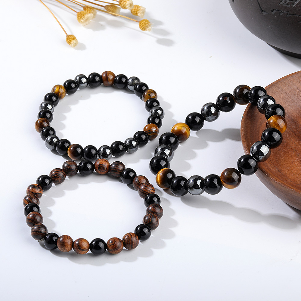 Streetwear Round Natural Stone/Tigereye/Haematite/Iron Ore/Black Glass/Ebony Beaded Men's Bracelets Surgical Gold Plated Jewelry Sets display picture 1