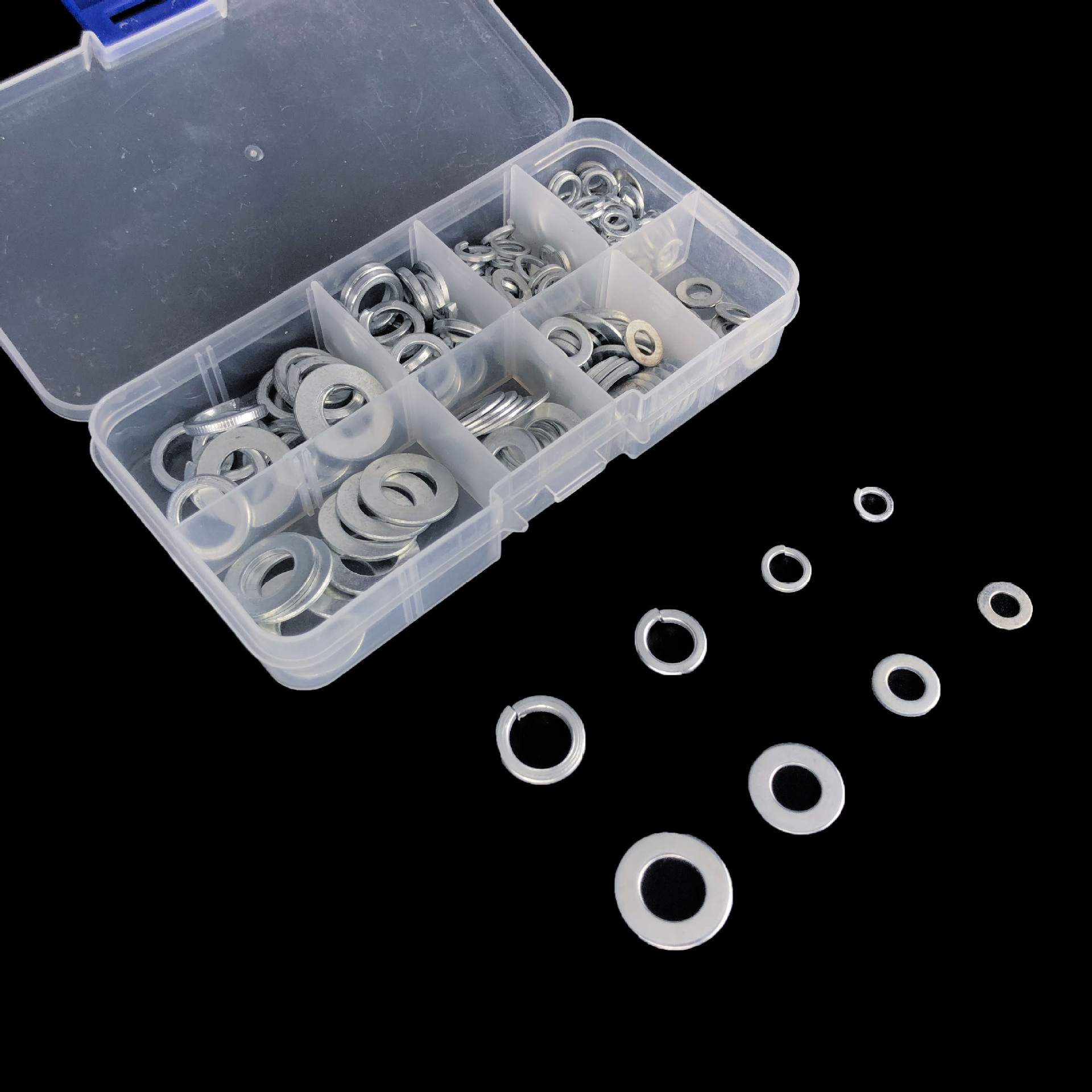 200pcs不锈钢平垫圈+弹簧垫片M5M6M8M10系列组合套装