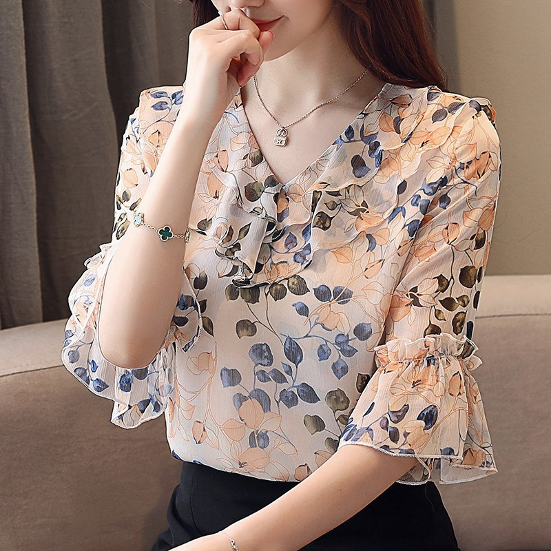 碎花雪紡襯衫短袖女裝春裝2020年春季新款潮上衣洋氣時尚氣質小衫