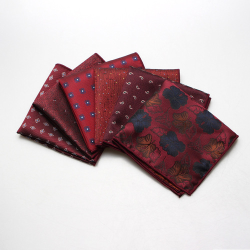 Men's formal wear, business wedding actor suit, polyester burgundy pattern pocket square, optional gift box