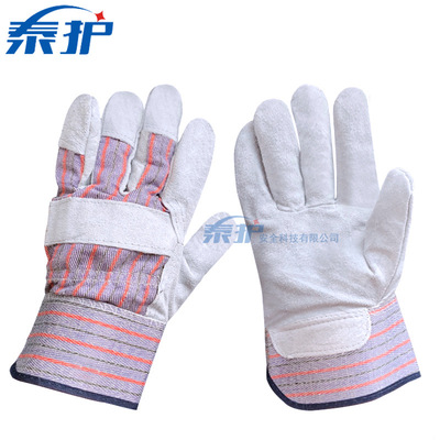 牛二层电焊手套本色灰条纹布翻毛皮手套防烫耐磨焊接专用厂家直销