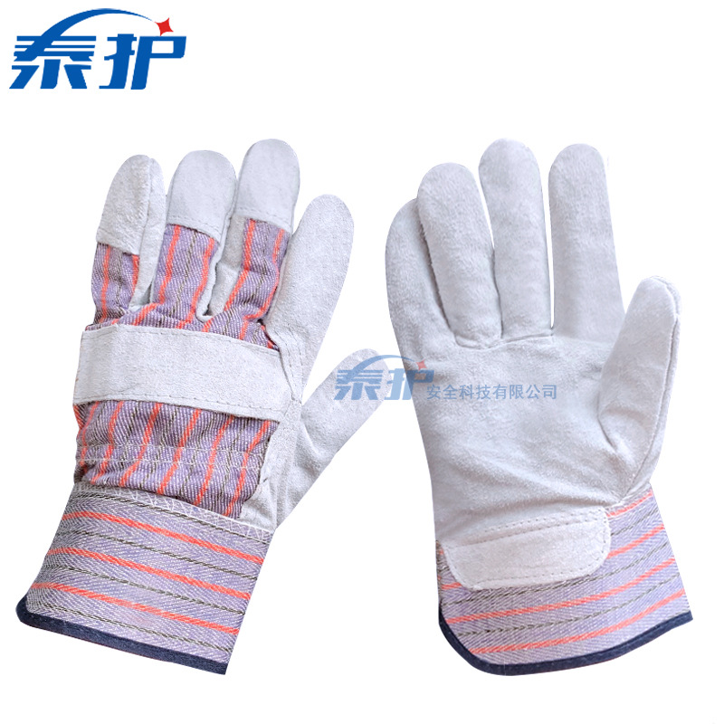 牛二层电焊手套本色灰条纹布翻毛皮手套防烫耐磨焊接专用厂家直销