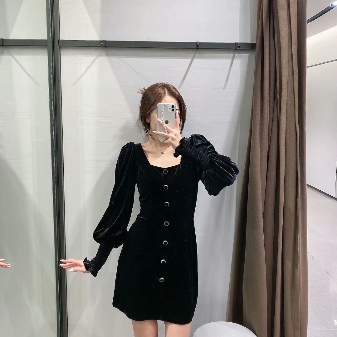 autumn and winter lantern sleeve thick square collar dress NSAM9318