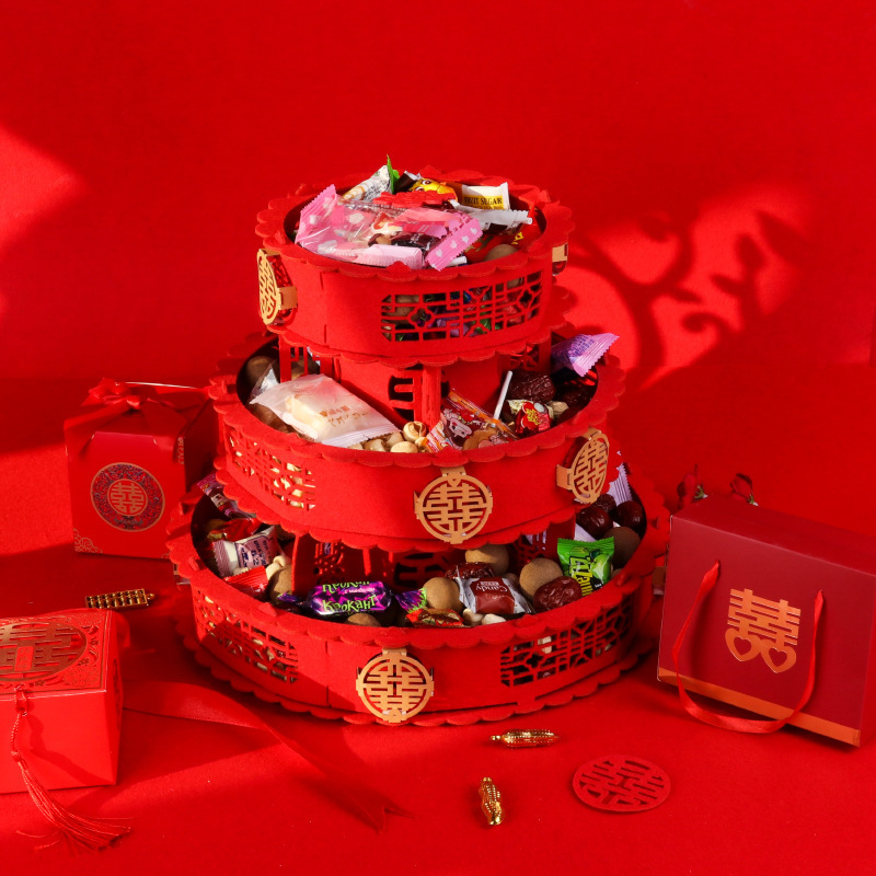 批发婚庆用品创意结婚植绒毛毡三层果盘创意无纺布圆形金喜干果盘