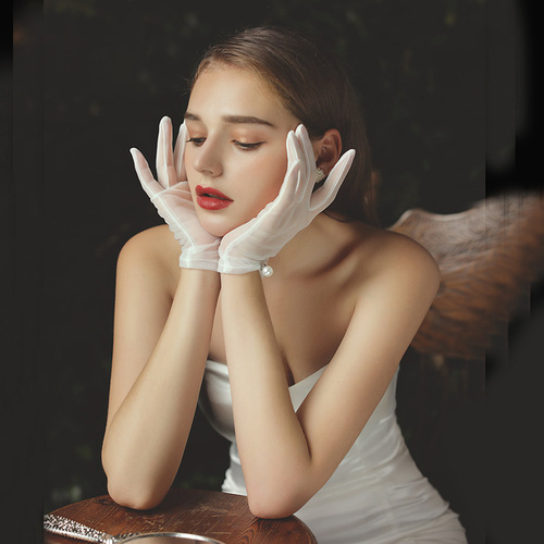 New bridal wedding dress gloves short tulle pearl white gloves
