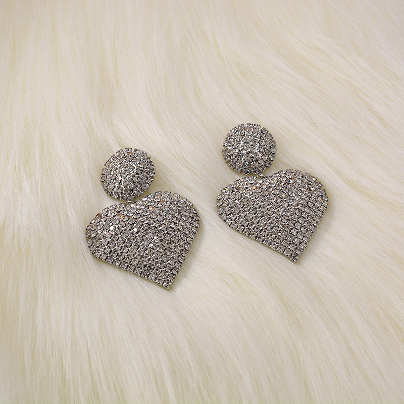 New Simple Fashion Full Diamond Love Rhinestone Exaggerated Earrings Wholesale Nihaojewelry display picture 4