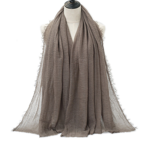 Hot selling pleated solid color cotton scarf factory source cotton and linen pressed wrinkled fur edge women's gauze scarf BS414