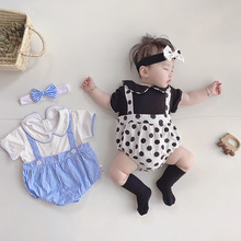 婴幼儿哈衣高端韩国同款童装爆圆点假两件爬服 连体衣送头饰
