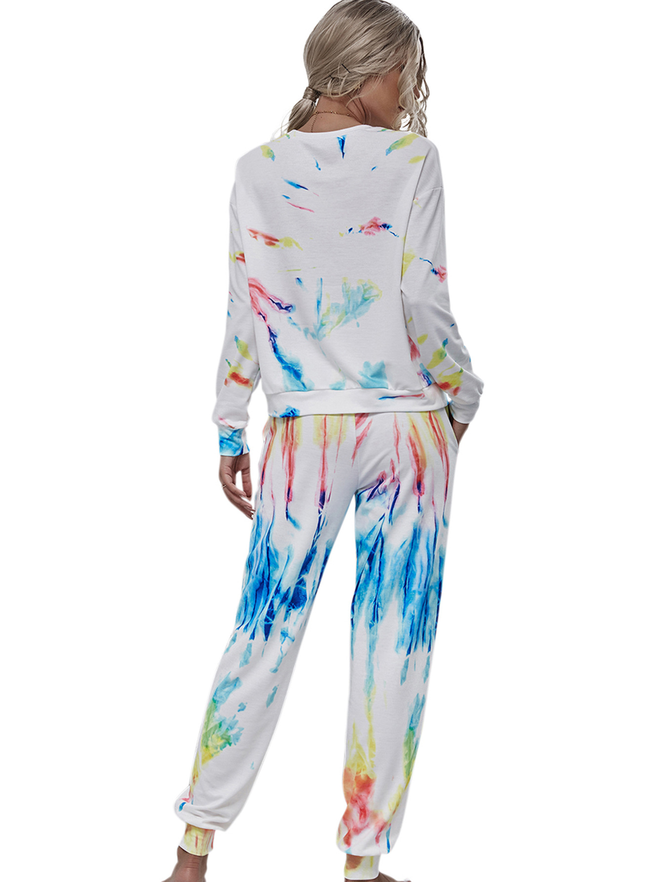 otoño e invierno nuevo estilo suéter con estampado tie-dye traje deportivo de dos piezas para mujer NSDF1285