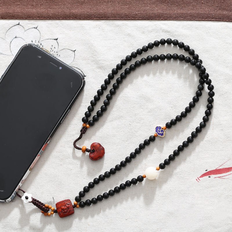 Natural Obsidian Anti-fall Mobile Phone Lanyard Neck Long Hanging Chain Universal Wrist Pendant Bracelet for Women Detachable
