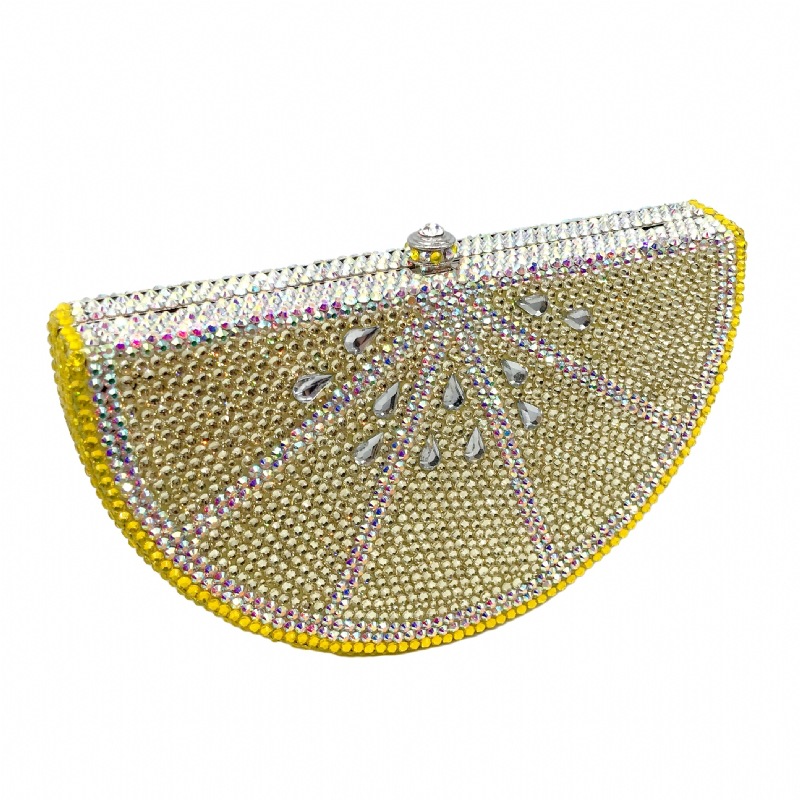 Túi clutch nữ đính đá hình quả chanh, hộp cứng kim cương đáy phẳng, kèm dây xích 48 cm — Màu vàng chi tiết 11