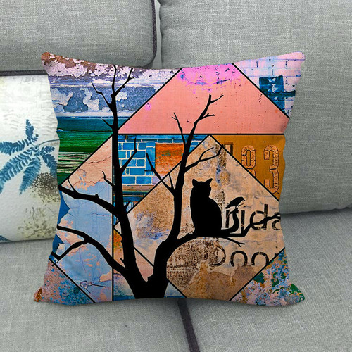 Cat on the tree watercolor oil painting graffiti linen pillowcase cushion pillowcase cross-border platform manufacturer supply 1598