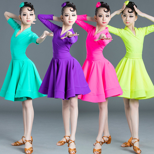 Children blue red violet Competition latin dance skirts regulation dress big swing Latin Dance Skirt Set pink green Latin dance dress for girls